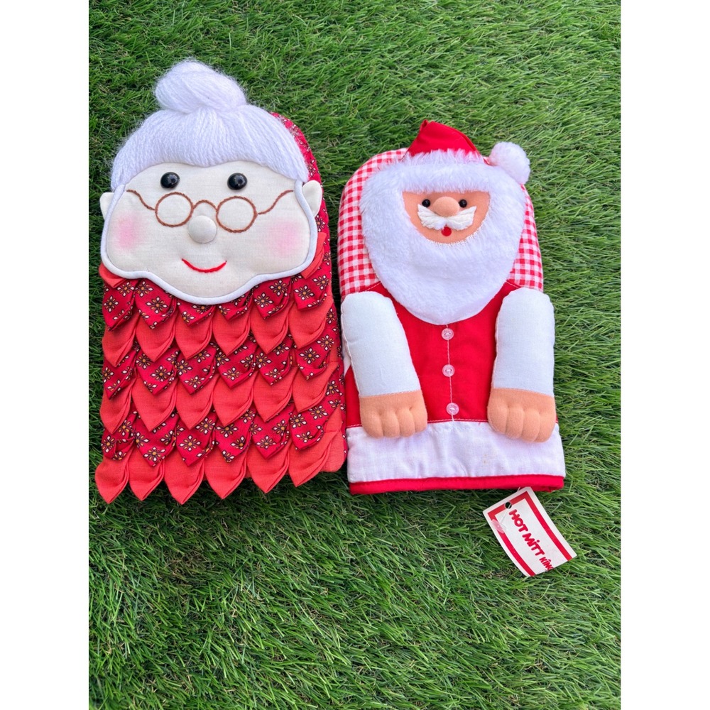 Vintage Hot Mitt King Santa Mrs Claus Christmas Oven‎ Mitt Set Red Gingham Retro